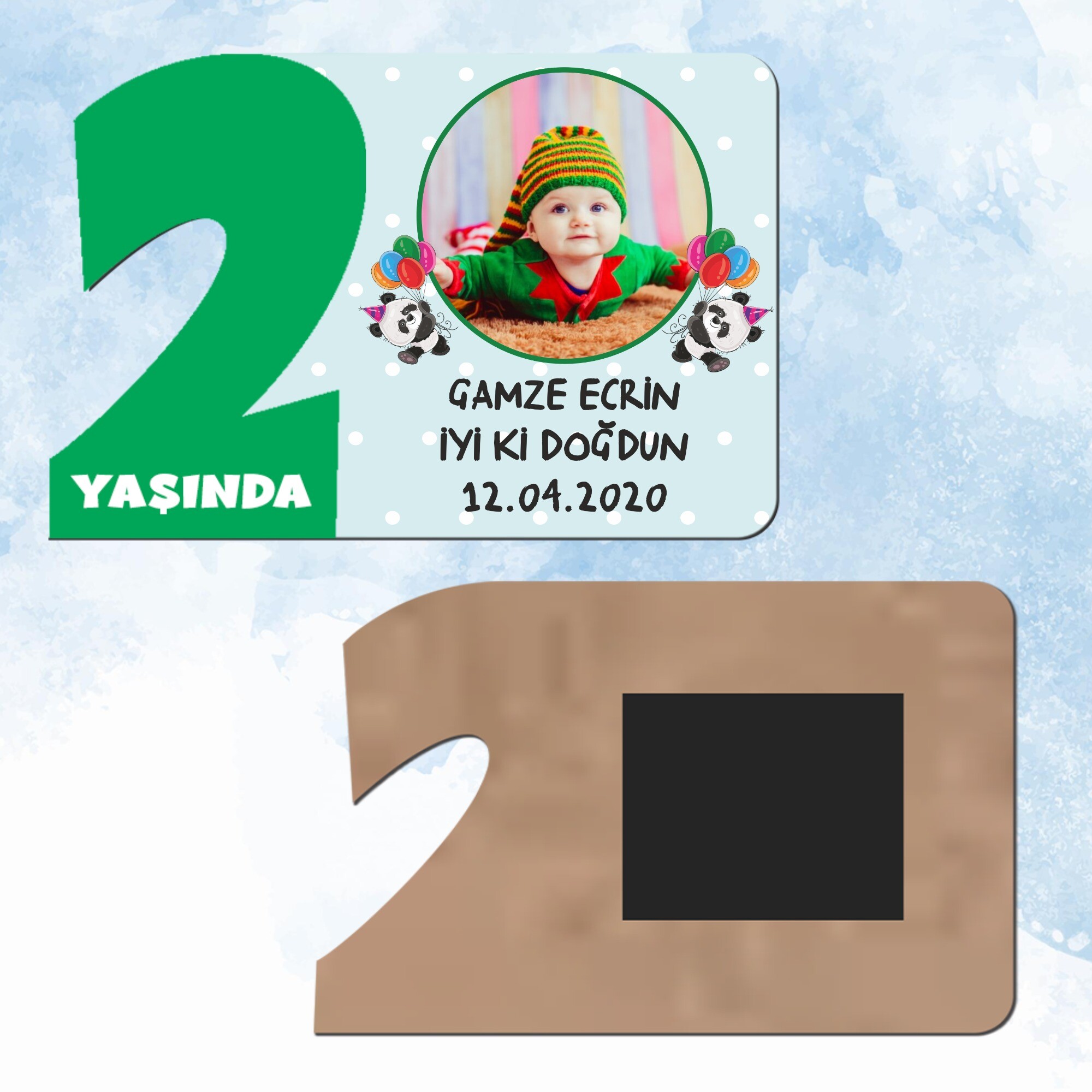 Panda Temalı Yeşil Rakamlı 2 Yaş Hediye Ahşap Magnet