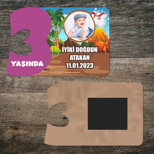 Dinazor Temalı 3 Yaşında Mor Rakam Ahşap Magnet