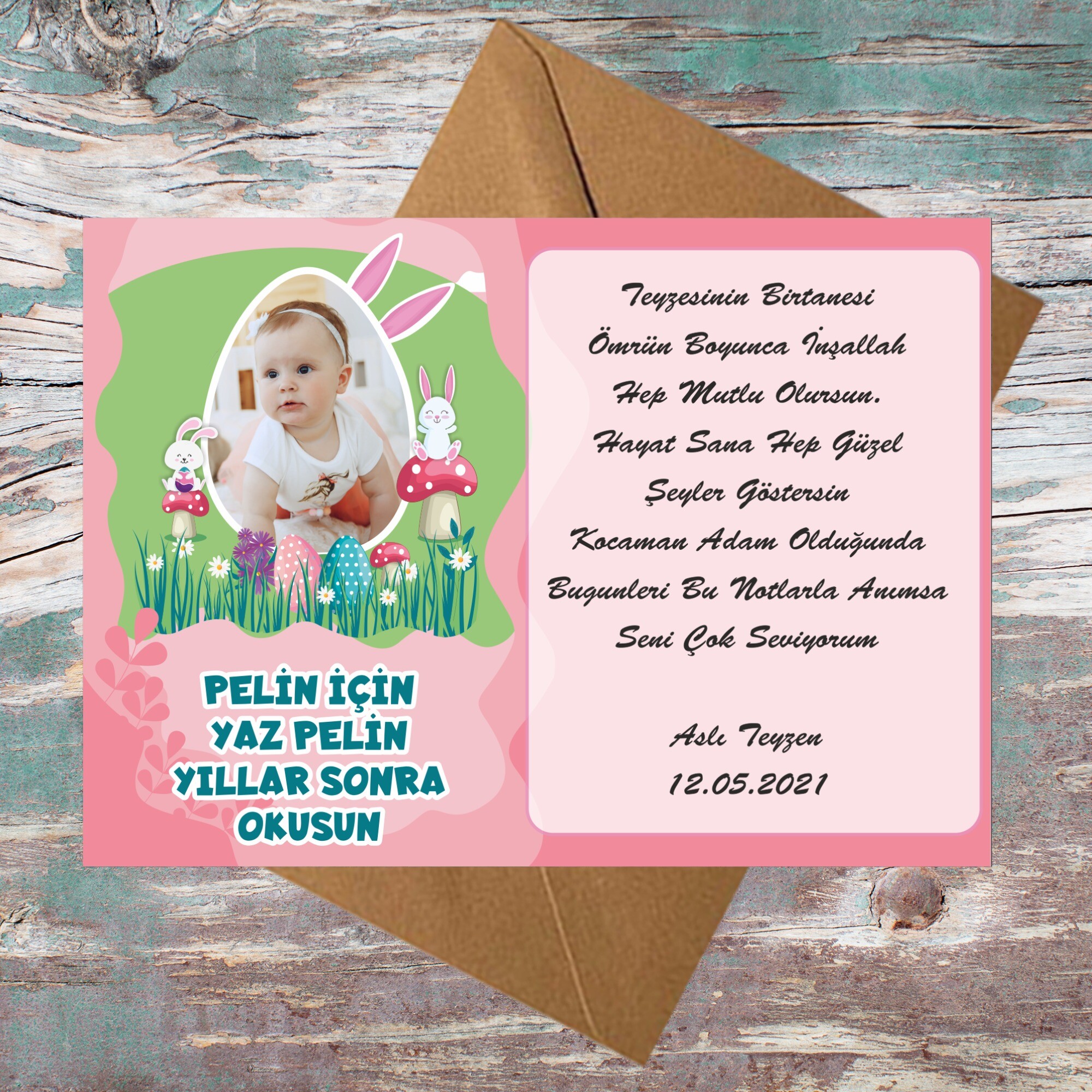 Tavşan Kız Temalı Doğum Günü İçin Zarflı Anı Kartı