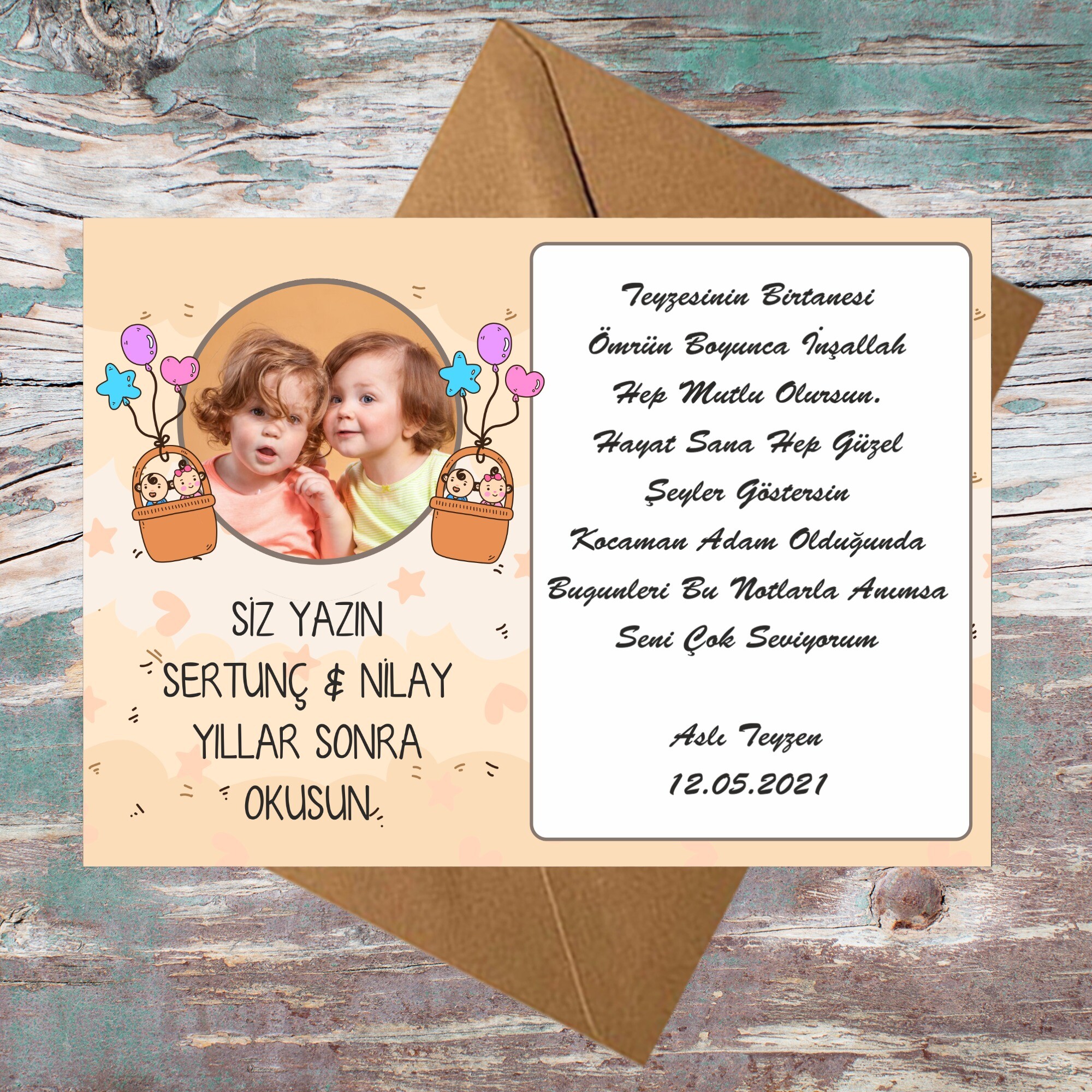 İkiz Bebek Doğum Günü İçin Zarflı Anı Kartı
