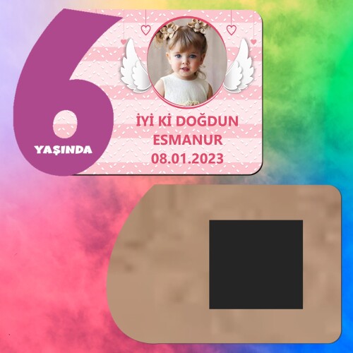 Melek Kanadı Temalı 6 Yaş İçin Mor Rakamlı Ahşap Magnet Baskı