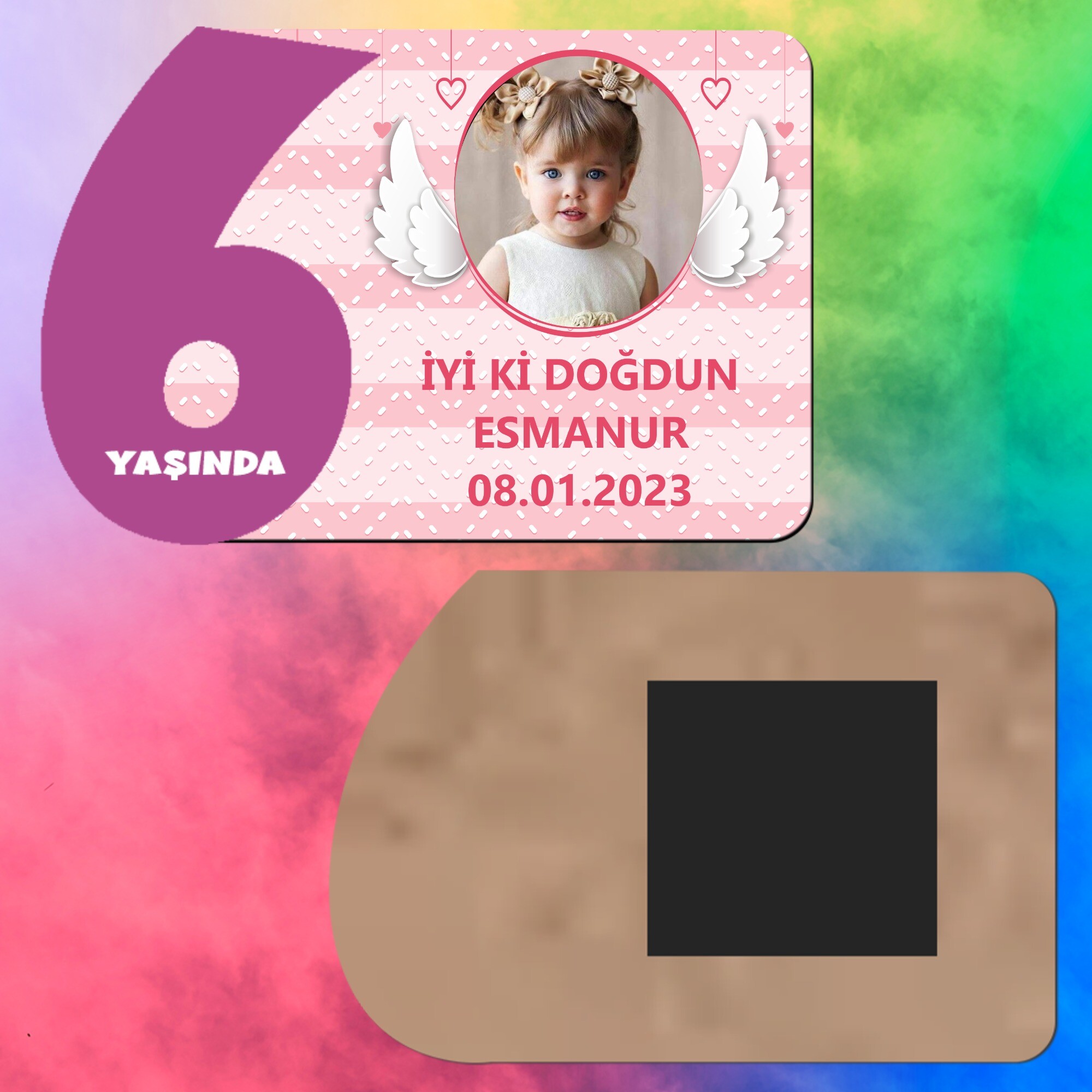 Melek Kanadı Temalı 6 Yaş İçin Mor Rakamlı Ahşap Magnet Baskı