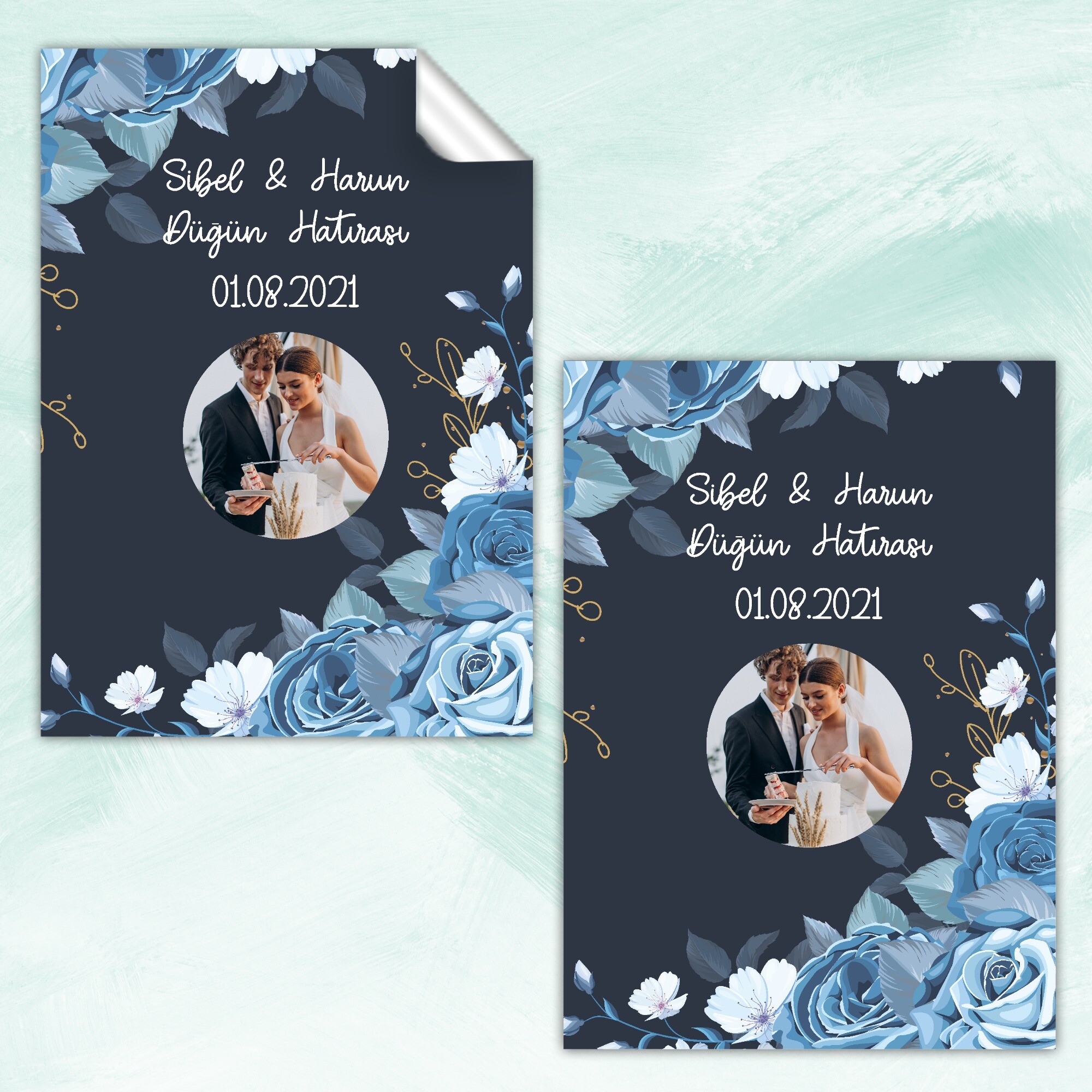 Mavi Çiçekli Dikdörtgen Söz Kına Düğün Sticker
