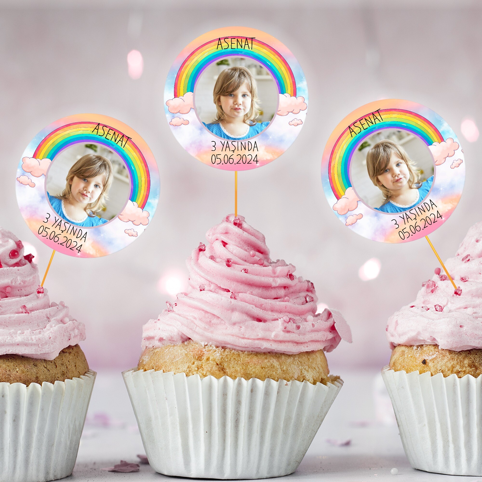 Gökkuşağı Temalı Cup Cake Kürdan Süs