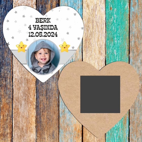 Star Temalı Kalp Şeklinde Ahşap Magnet