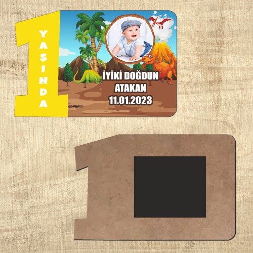 Dinazor Temalı Sarı Rakamlı 1 Yaşında Magnet Ahşap