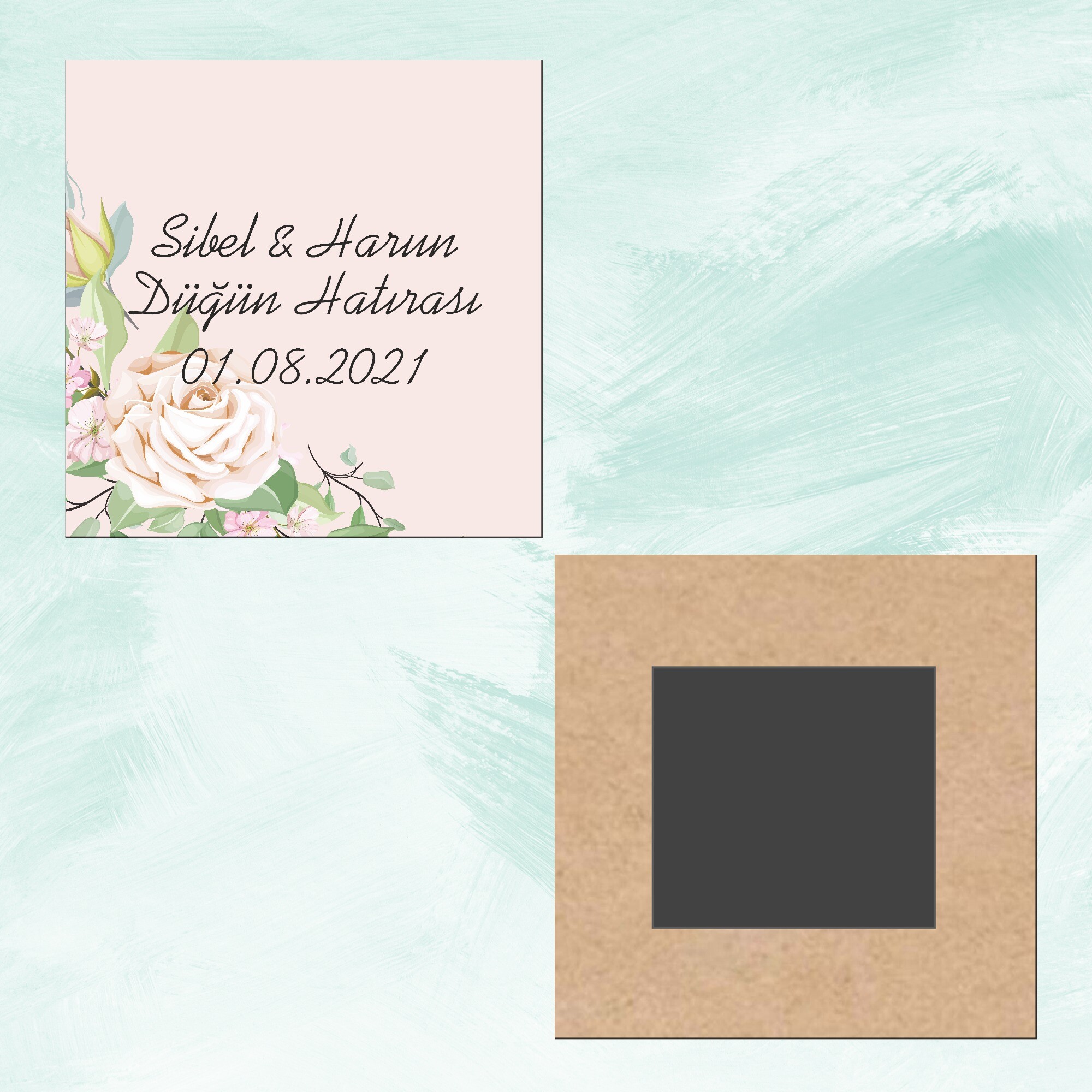 Pembe Güllü Düğün Kına Ahşap Kare Magnet