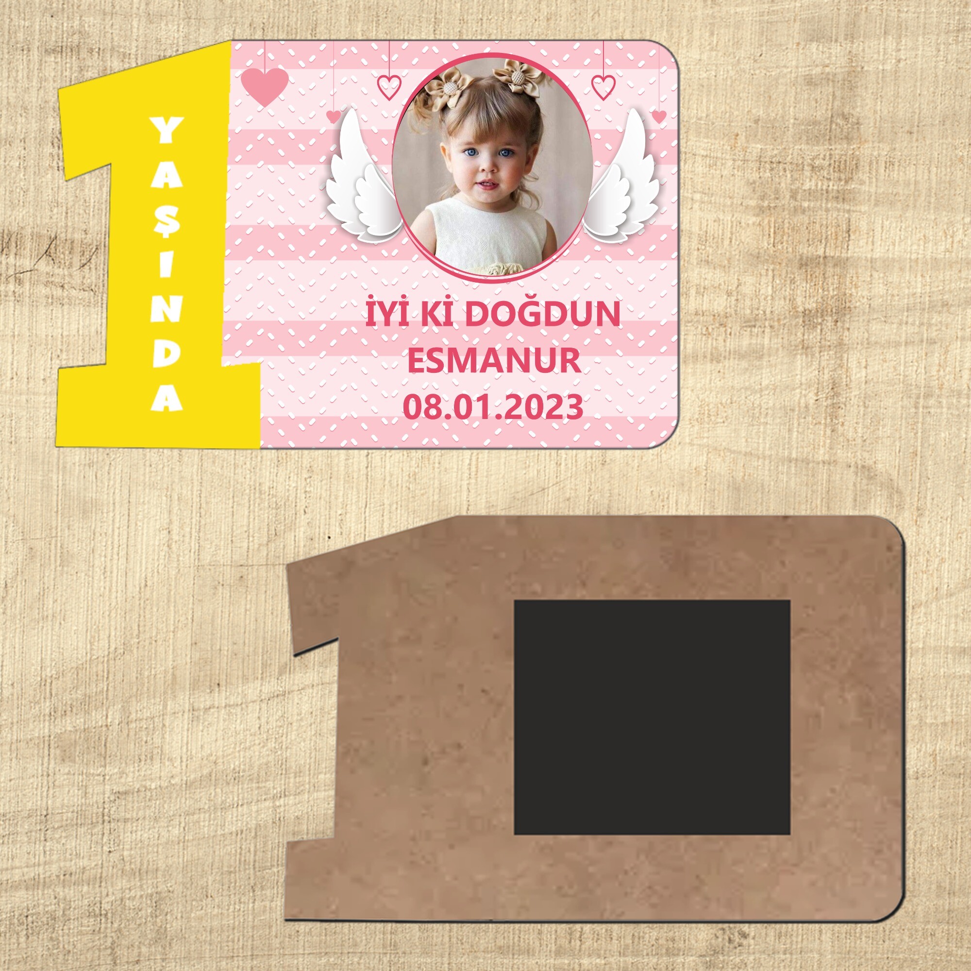 Melek Kanadı Temalı Sarı Rakamlı 1 Yaşında Magnet Ahşap