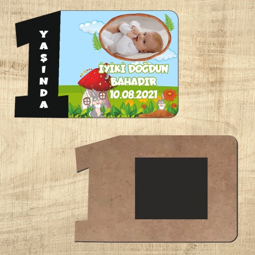 Sevimli Tavşan 1 Yaşındayım Siyah Rakam Magnet Ahşap