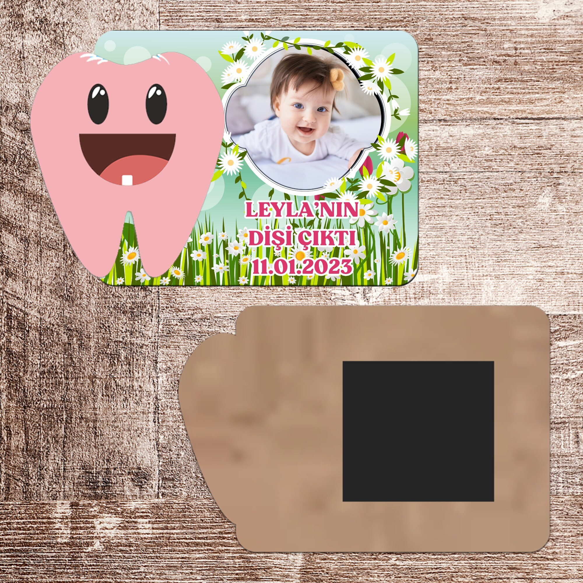 Papatya ve Laleli İlk Diş Hatırası Pembe Diş Magnet Ahşap