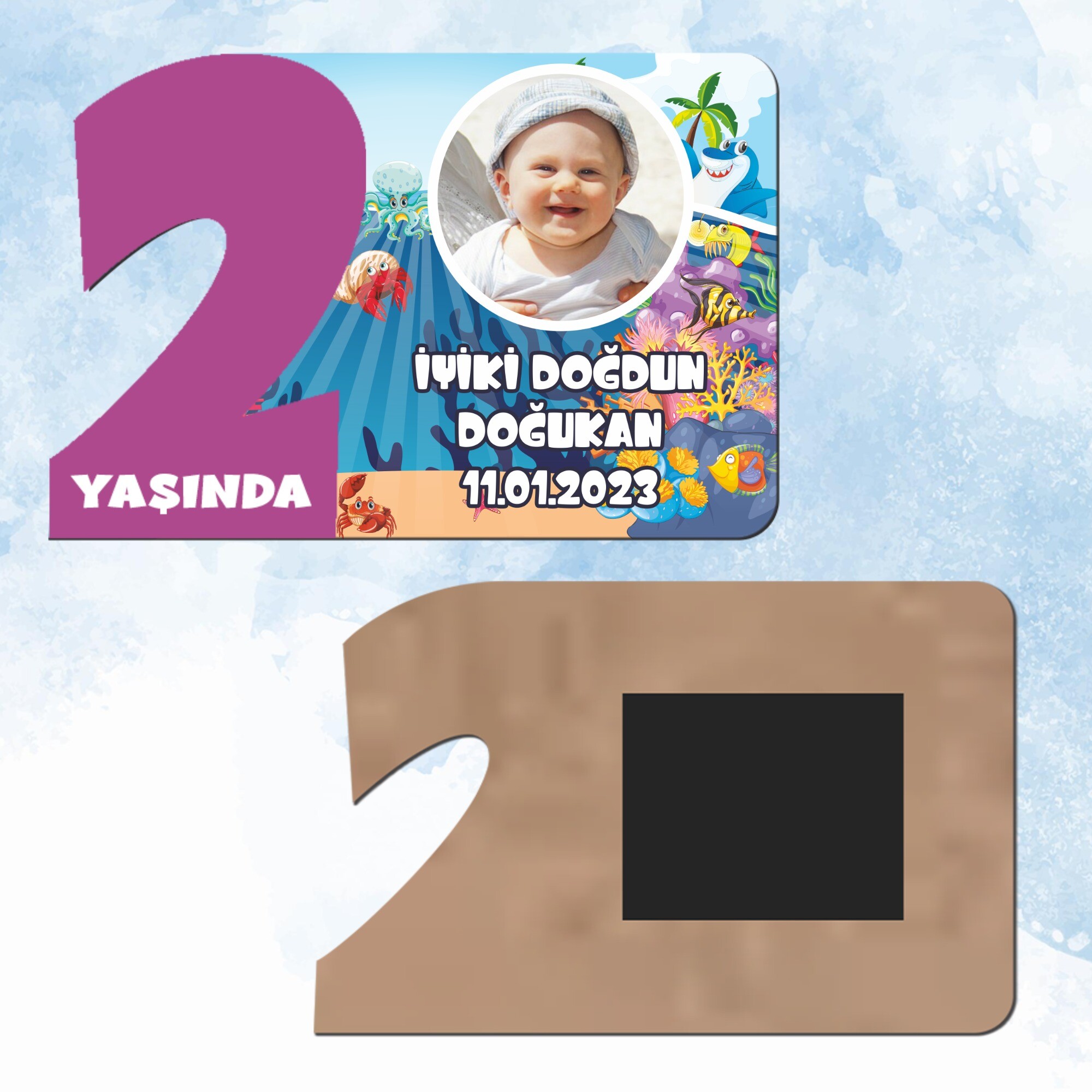 Deniz Canlıları Konsept Mor Rakam 2 Yaşında Ahşap Hediye Magnet