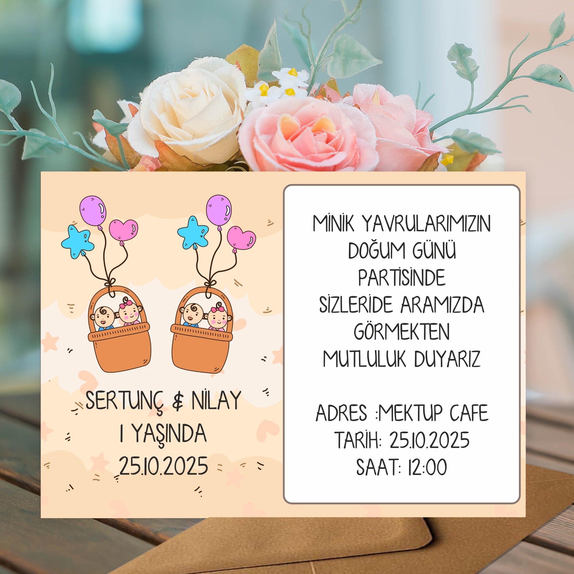 İkiz Bebek Parti Davetiyesi Zarf Dahil