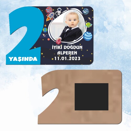 Uzay Temalı 2 Yaş Mavi Rakam Ahşap Magnet