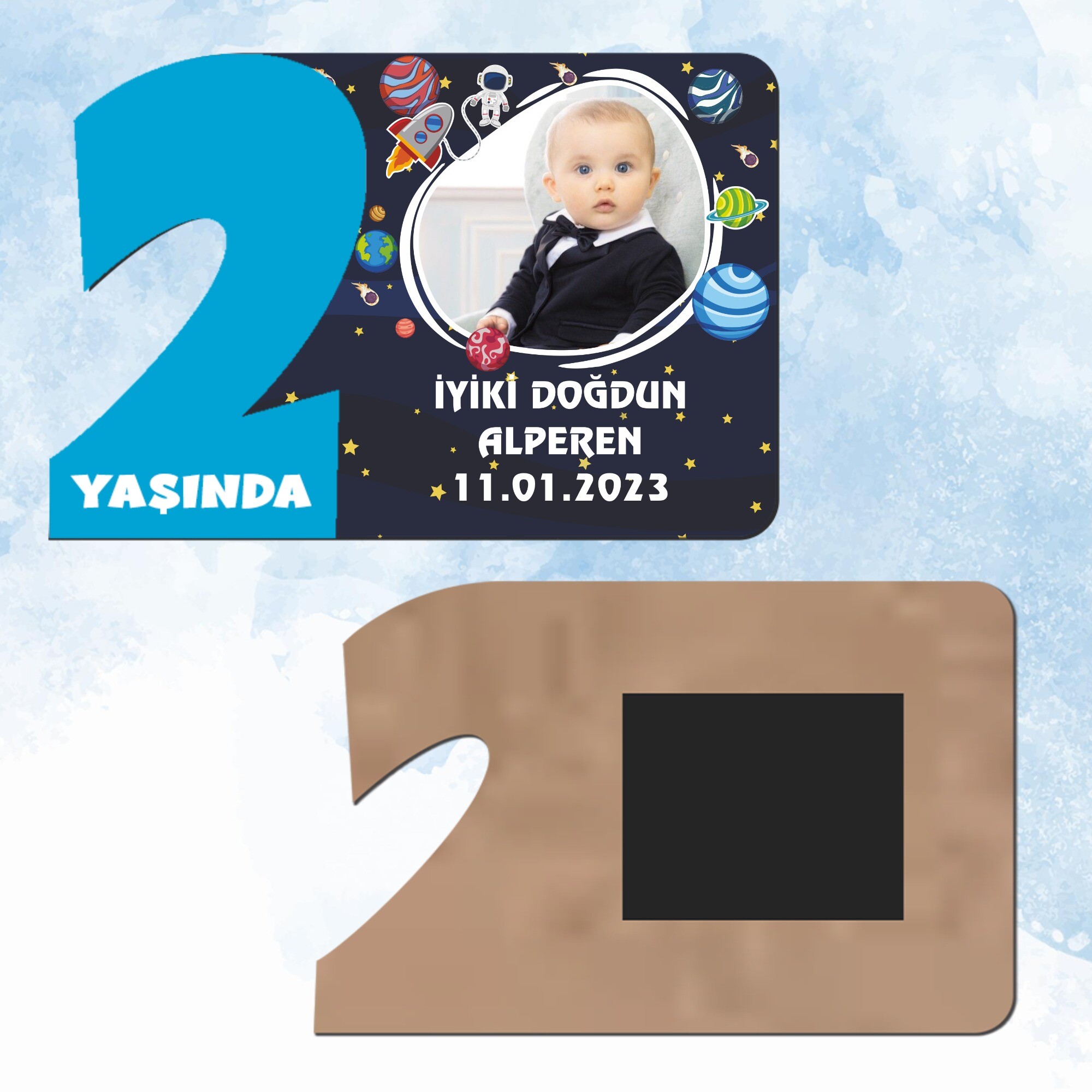 Uzay Temalı 2 Yaş Mavi Rakam Ahşap Magnet
