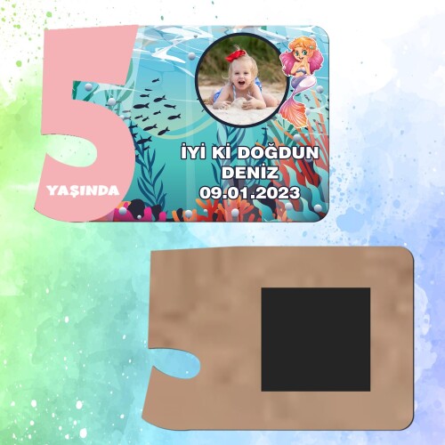 Deniz Kızı 5 Yaş İçin Pembe Sayılı  Ahşap Magnet