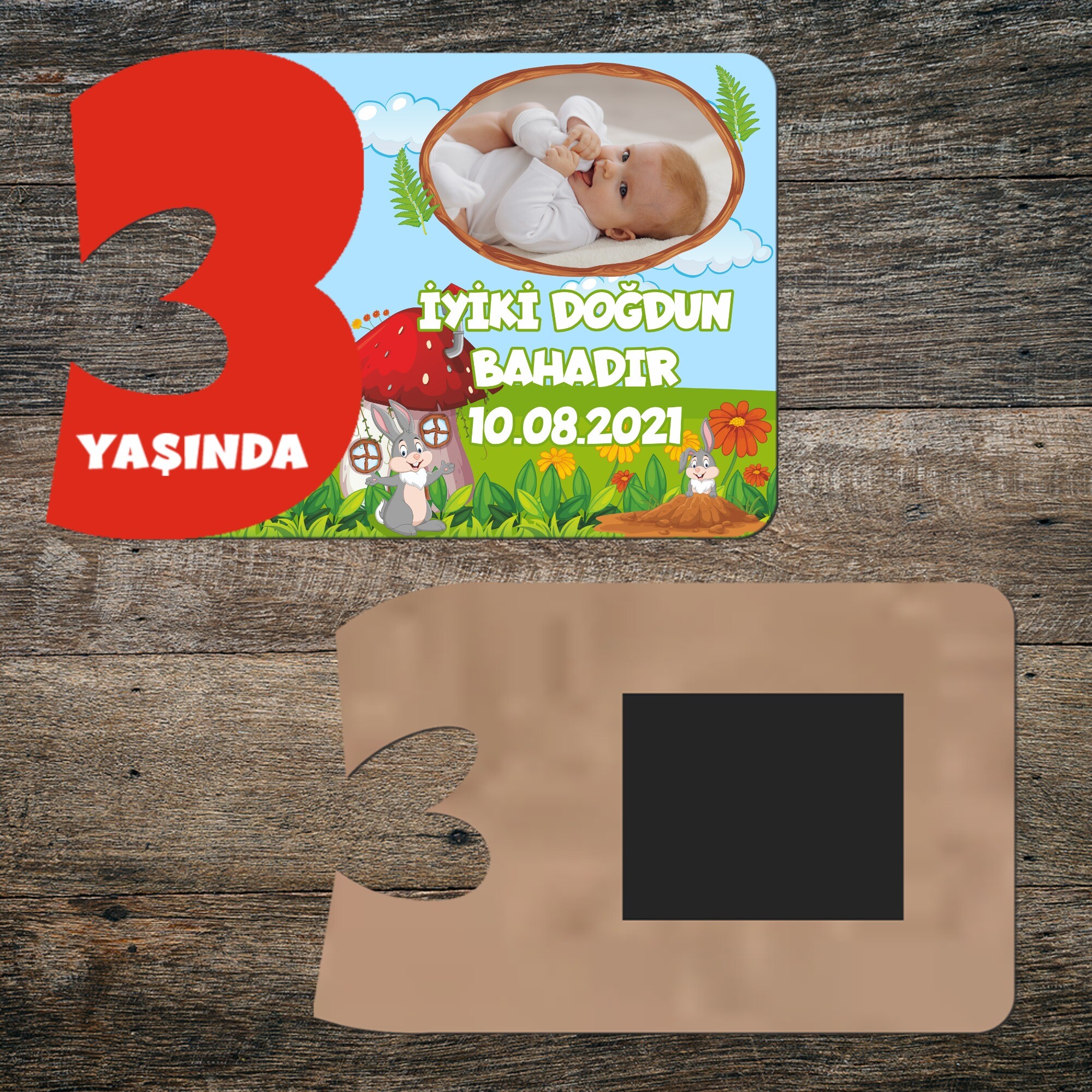 Sevimli Tavşan 3 Yaşında Kırmızı Rakamlı Yaş Magneti