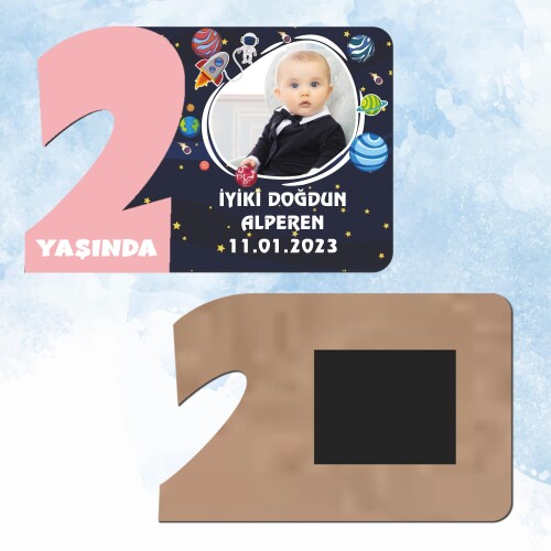 Uzay Temalı 2 Yaş Pembe Rakam Ahşap Magnet