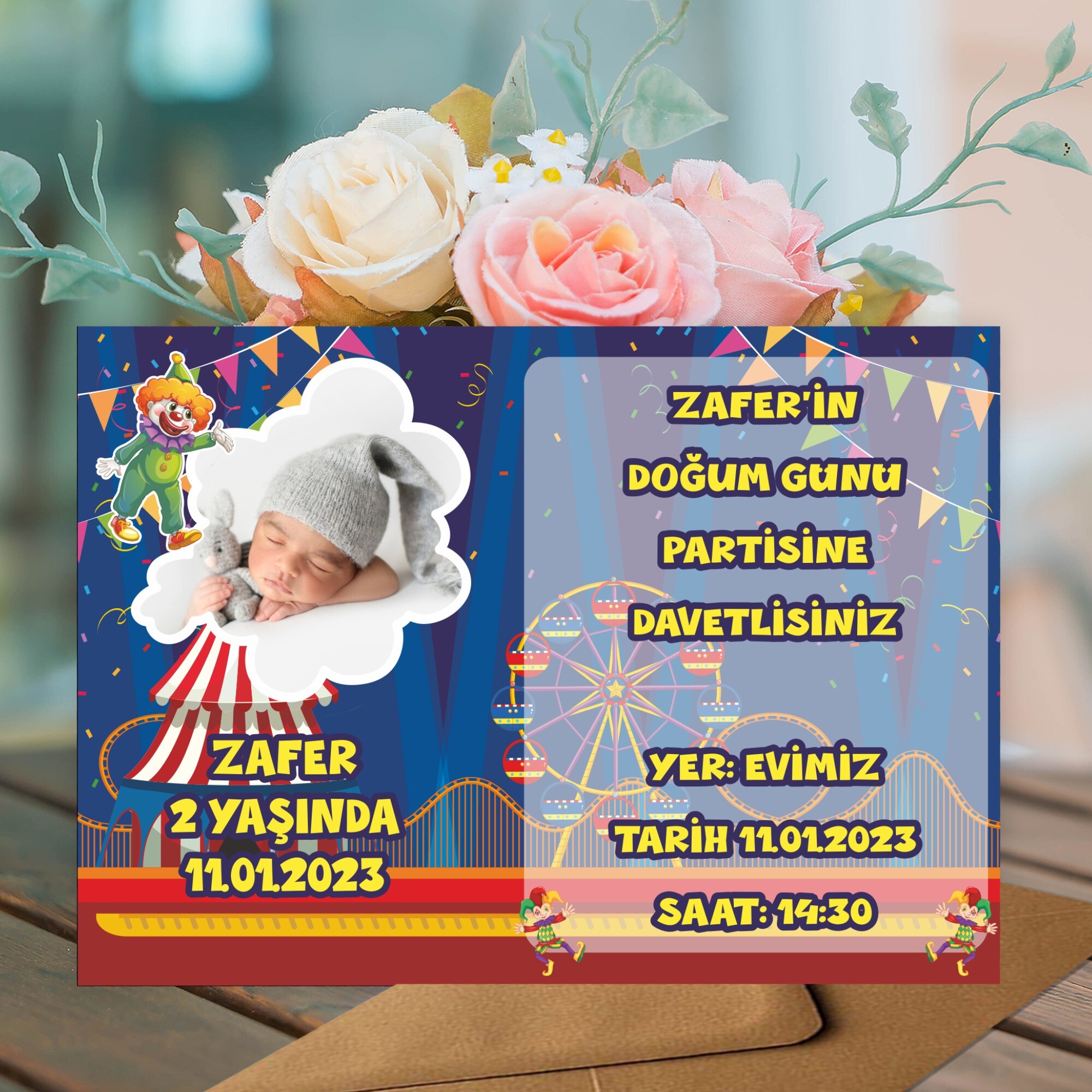 Palyaço Temalı Doğum Günü İçin Zarflı Davetiye