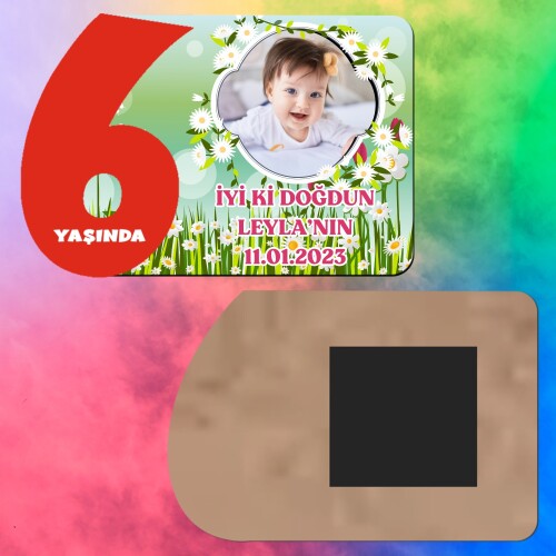 Papatya ve Laleli 6 Yaş Kırmızı Rakamlı Ahşap Magnet